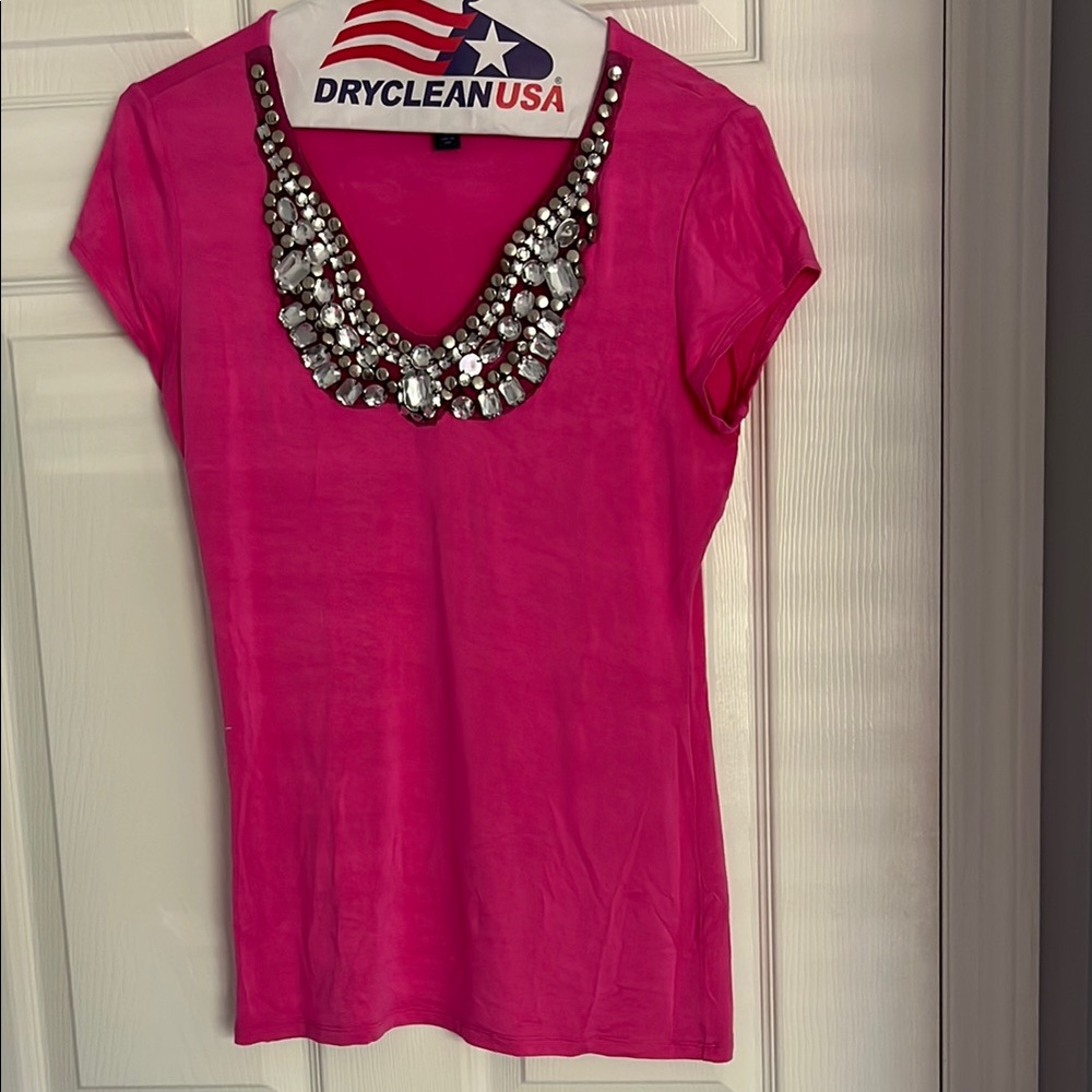 Boston Proper Pink Embellished Short Sleeve Blouse